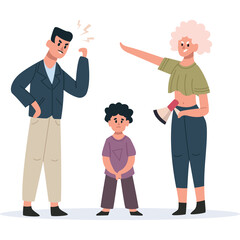 Family Conflict Arguing Parents and Sad Child Isolated on White Background with Transparent Background Illustration