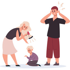 Family Conflict Scene A Woman Shouts Through Megaphone At A Crying Child While A Man Holds His Head In Frustration And Distressed