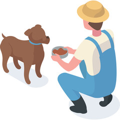 Farmer Feeding Dog Blue Overalls Straw Hat Brown Dog Kibble Bowl Transparent Background Isometric Style