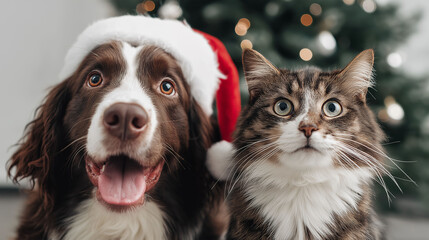 A charming dog in Santa's hat and cat, the endearing companions captured in a heartwarming christmas scene, against the festive backdrop of a decorated evergreen tree. 