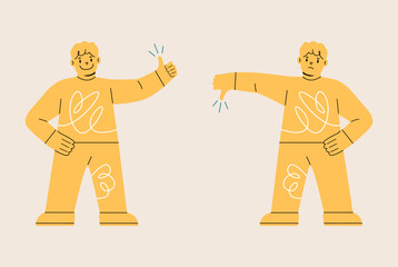 Boy show hand gesture thumb up and thumb down. Colorful vector illustration