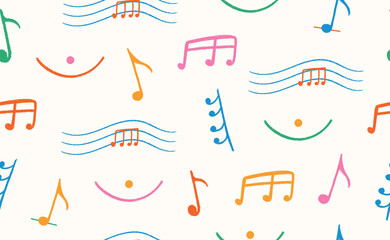 Musical Note seamless pattern. Hand Drawn Crayon texture. Doodle music Icon. Сolor chalk elements for disco poster, punk rock party. Isolated children vector illustration.