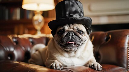 A charming pug dog wearing a top hat majestically sits on a brown leather couch, perfectly capturing the concept of playful sophistication, evoking feelings of warmth and humor.
