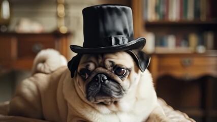 A debonair pug wearing a black top hat poses regally on plush furniture, capturing the concept of refined leisure time, perfect for representing high end lifestyle, luxury living.