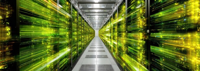 Photography of people working in a high-tech data center with a glowing light speed lines of data code running through the rows of server racks.