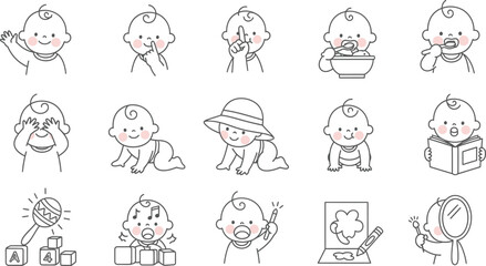 Line art of babies doing various activities, black outline on transparent backdrop
