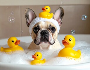 A French bulldog in a bubble bath filled with rubber ducks