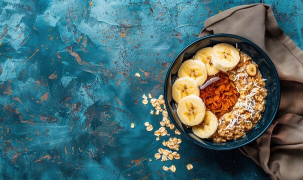 Healthy oatmeal bowl with banana slices and jam on a colorful background