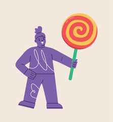 Happy girl holding a giant lollipop candy. Colorful vector illustration