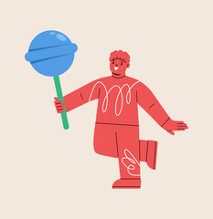 Happy boy holding a giant lollipop candy. Colorful vector illustration
