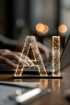 Business people in a meeting room background shows a large letter artificial intelligence hologram and various large icons of networks representing artificial intelligence smart company.