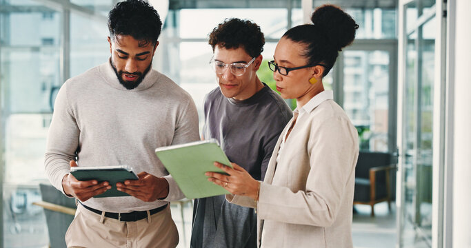 Business, people or tablet with meeting in office for trading update, stock price alert or planning. Trader, teamwork and digital tech for market research, assess financial news and monitor portfolio