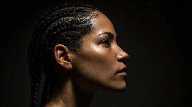 Profile view of a woman with cornrow braids, dramatic side lighting against a dark background.
