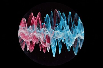 Abstract circular graphic.  Colorful wavy lines,  pink and blue,  in a sphere,  dark background