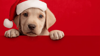 A Cute puppy wearing a santa hat to Celebrate the holiday season. The puppy exudes charm and festive spirit, with a delightful santa hat. Capturing the essence of a joyful Christmas.