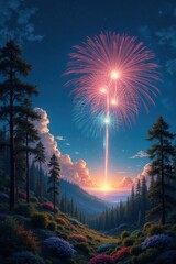 Vibrant fireworks illuminate a serene forest landscape at twilight
