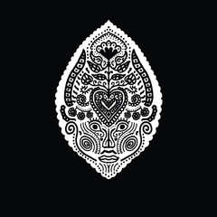 Detailed black and white concept of king of nature floral patterns, heart motifs, Tribal-inspired line art. symmetrical, tatto pattern, line, line art, arts, geometry, mystic symbol 