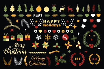 Festive Christmas and holiday season vector Illustration. Collection of festive Christmas and holiday season elements, perfect for greeting cards, invitations, web design, and seasonal decor projects.
