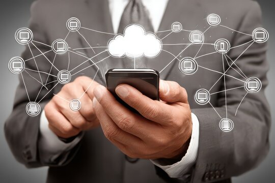a businessperson using a smartphone with a cloud icon hologram technology concept on an office background, representing the online service of a mobile application in a business data storage setting.