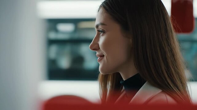 Smiling Woman Profile: Serene Gaze in Modern Setting, Close-Up