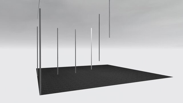 3D animation of exhibition booth 3x3 m phasing build-up. Modern trade show booth setup visualization showing frame, wall panels, and lighting structure in clean environment.