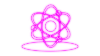 Glowing pink abstract atom or molecule symbol illustration, representing science, innovation, technology, and energetic particles, isolated on transparent background.