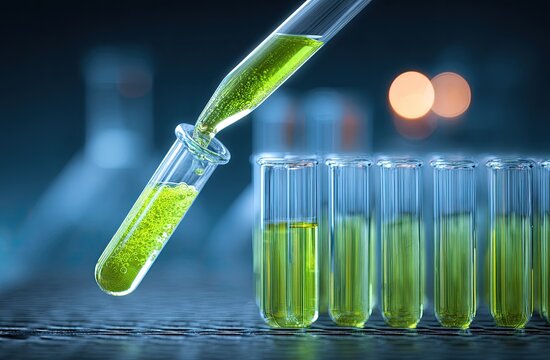 Green liquid being dispensed into test tubes. Lab scene