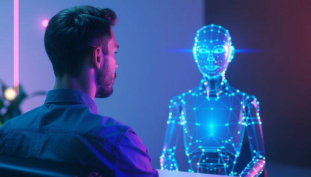 A man interacts with a futuristic digital interface and a holographic robot. The scene is illuminated by neon lights