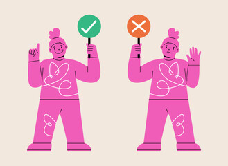 Girl standing holding with right and wrong signs. Colorful vector illustration