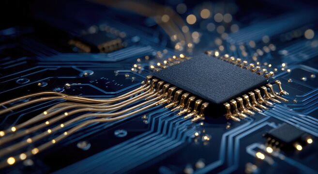 Close-up of a dark blue circuit board, featuring a central processor chip with gold connecting wires