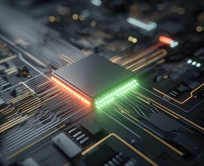 Close-up of a central processing unit (CPU) on a circuit board, illuminated with glowing green and orange lights.  Intricate circuit traces crisscross the dark board
