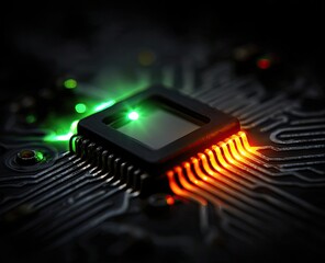 Close-up of a glowing computer chip on a circuit board.  Bright orange and green lights illuminate the chip and traces.  Dark background