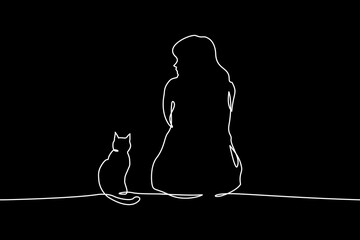 Continuous one line drawing of a woman sitting with cat, back view. Vector illustration design isolated on black background.