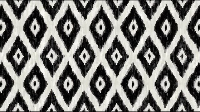 Minimalist monochrome Ikat background with black and white diamond motifs, clean woven texture, seamless and modern.
