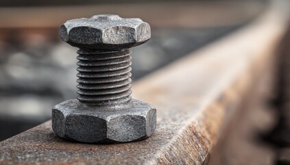 Close-up of a rusty bolt and nut on a railway track