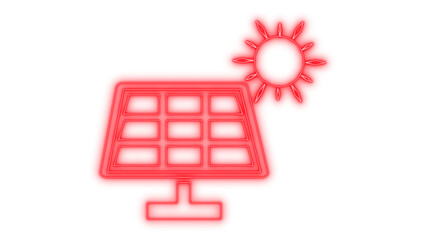 Red neon solar panel and glowing sun icon, symbolizing clean energy, sustainable power, and ecological electricity production with modern technology, isolated on transparent background.