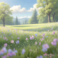 Fototapeta premium Soft Focus Meadow with Purple and Blue Wildflowers and Lush Green Trees purple flowers