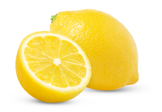 Ripe whole lemon and cut in a half isolated on white background. Lemons isolated with clipping path.