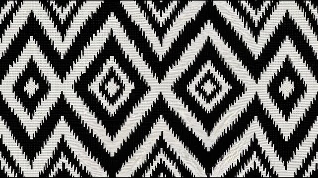 Minimalistic black and white ikat fabric background with black and white diamond pattern. Clean woven texture, seamless.