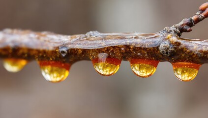 Close-up of tree branch with amber-colored water droplets