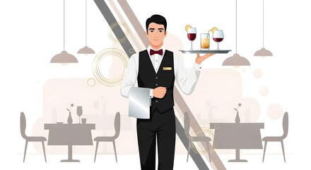 Elegant waiter serving refreshing drinks in a sophisticated restaurant setting, perfect for advertising or menu design with a touch of class and professional service