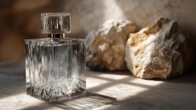 Crystal-cut perfume bottle with a square shape and ribbed cap on a stone surface beside rough rocks.