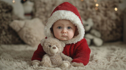 A Cute Baby Dressed in a Santa Outfit, Cuddling a Teddy Bear in a Cozy Setting.