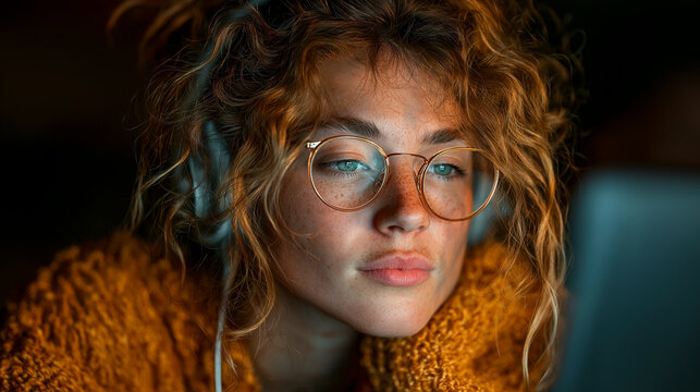 A young woman working remotely from home. Dark atmosphere, soft light from a laptop, headphones, and a focused gaze. A modern image of a freelancer or an online meeting participant.