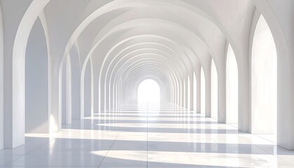 A bright, white corridor with archways receding towards a bright light at the end, creating an illusion of depth
