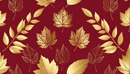 Elegant Autumn Leaves Pattern on Burgundy Background.