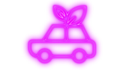 Colorful neon outline icon of an eco-friendly electric car with green leaves on top, representing sustainable energy and environmentally conscious transportation technology.