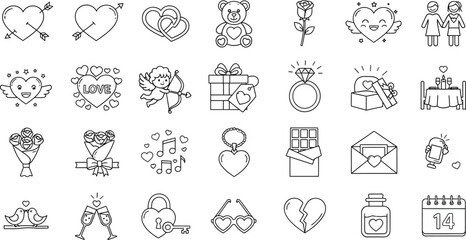 Love Icons Set, Valentines Day Items, Heart, Cupid, Gifts and Romantic Elements Outline