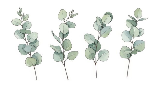 Delicate watercolor illustrations of eucalyptus branches with soft green and gray leaves