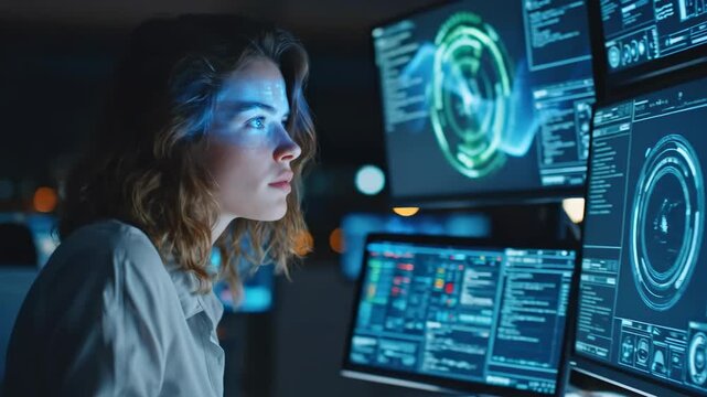 Focused young woman with striking blue eyes intently looking at data screens in a high-tech night environment, symbolizing digital intelligence and focused work.
